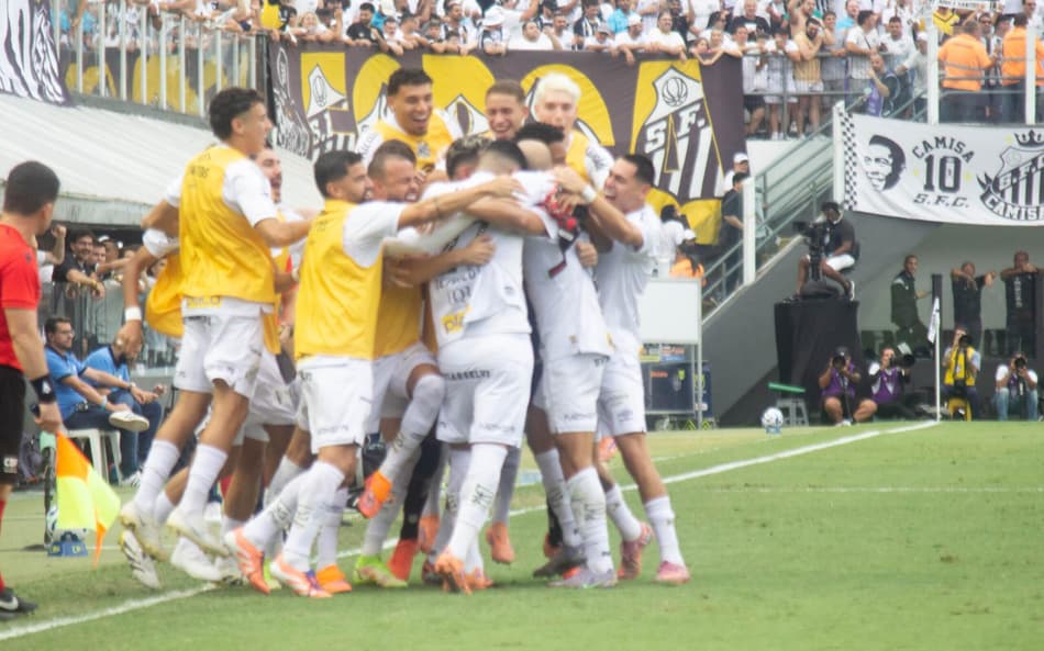 Elenco do Santos comemora vitória diante do Cruzeiro na Vila Belmiro. (Foto: R. Tolentino Filgueiras)
