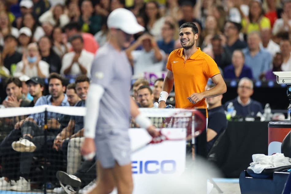 MIAMI, FLORIDA - DECEMBER 08: Carlos Alcaraz of Spain reacts against Joao Fonseca of Brazil during the Miami Invitational at loanDepot park on December 08, 2025 in Miami, Florida. Tomas Diniz Santos/Getty Images/AFP (Photo by Tomas Diniz Santos / GETTY IMAGES NORTH AMERICA / Getty Images via AFP)