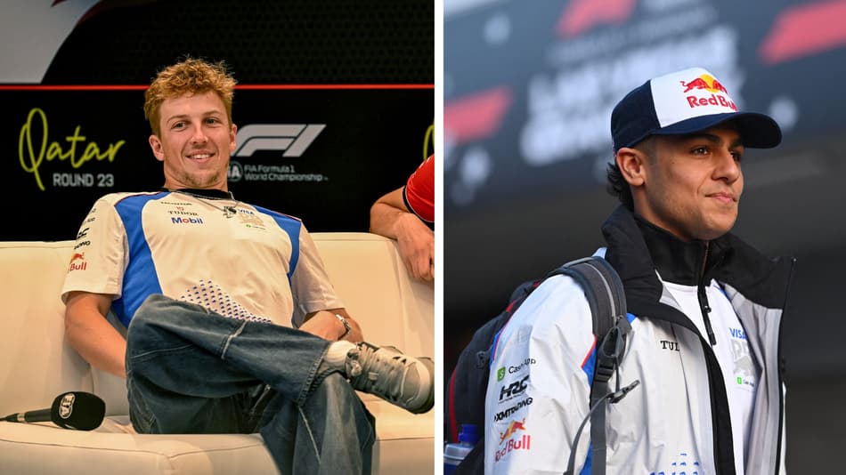 Liam Lawson (AUS) e Arvid Lindblad (ING) na F1 (Foto: Mahmud HAMS/AFP / Rudy Carezzevoli/Getty Images/AFP)