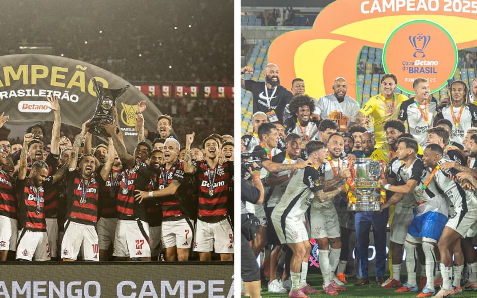 Flamengo e Corinthians levantam os respectivos troféus conquistados em 2025 (Fotos: Gilvan de Souza / Flamengo e Léo Barrilari / Gazeta Press)