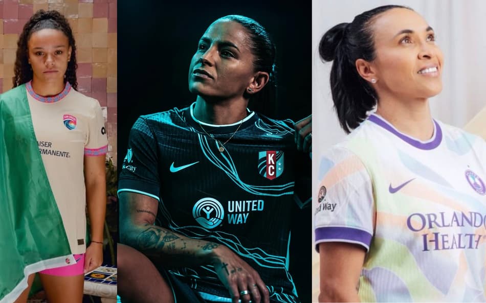Dudinha (San Diego), Debinha (Kansas) e Marta (Orlando Pride) apresentam novos uniformes para temporada 2025/26 da NWSL.