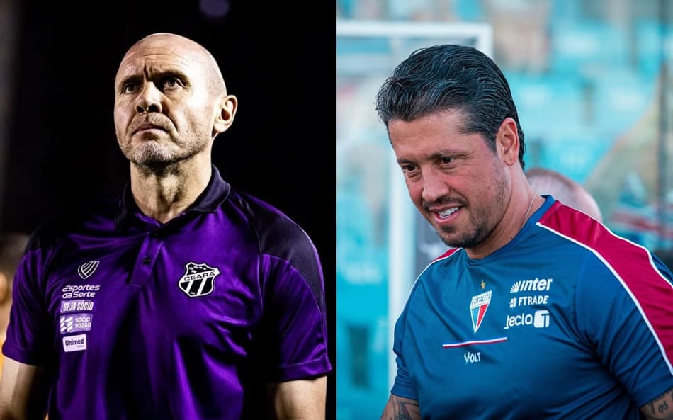 Mozart e Carpini, técnicos de Ceará e Fortaleza (Fotos: Gabriel Silva/Ceará SC e Leonardo Moreira/Fortaleza EC)