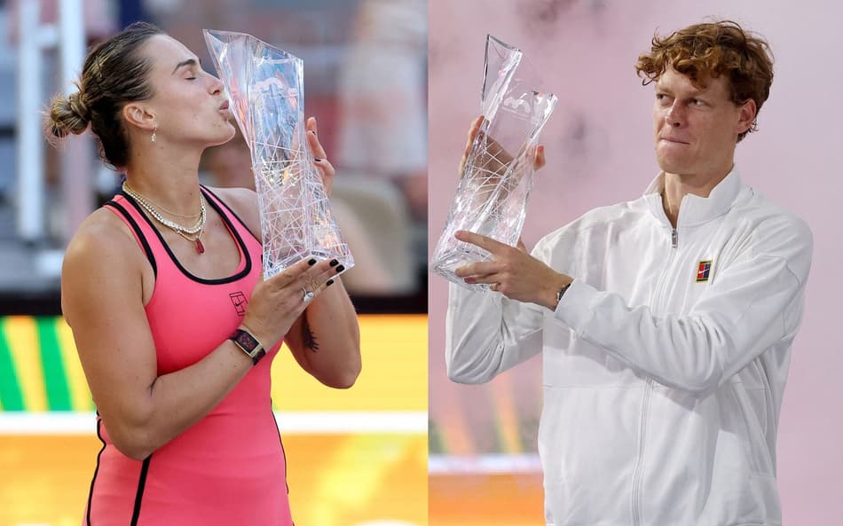 Aryna Sabalenka e Jannik Sinner com os troféus do Miami Open 2026 - Masters 1000(Foto: Matthew Stockman/Getty Images via AFP)