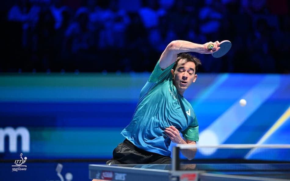 Hugo Calderano em uma das vitórias na Copa do Mundo em Macau (Foto: Divulgação/ITTF)