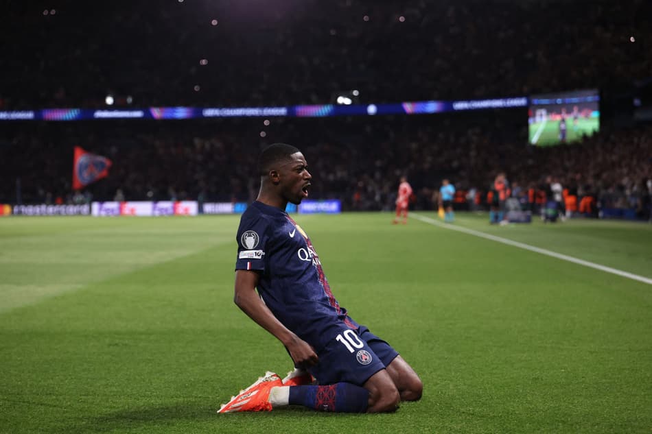 Dembélé comemora gol marcado pelo PSG sobre o Bayern, na semifinal da Champions League