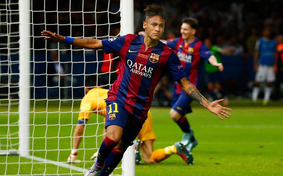 Neymar comemorando seu gol pelo Barcelona na final da Liga dos Campeões de 2014-15