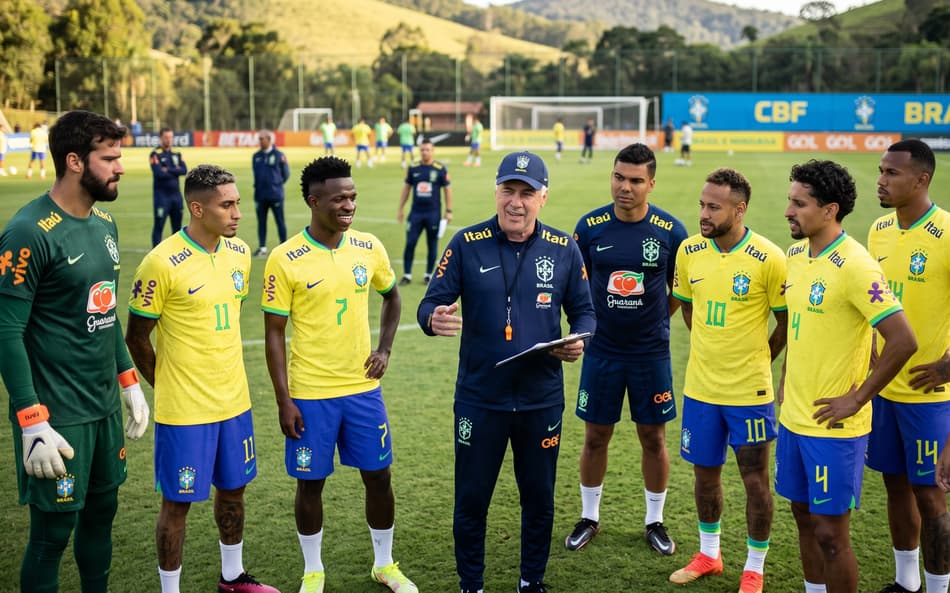 Foto gerada por inteligência artificial com o técnico Carlo Ancelotti e com alguns dos convocados para a Copa do Mundo