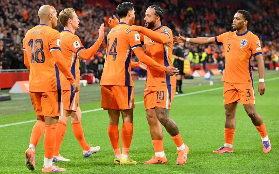 Holanda comemora gol diante da Lituânia (Foto: John Thys / AFP)