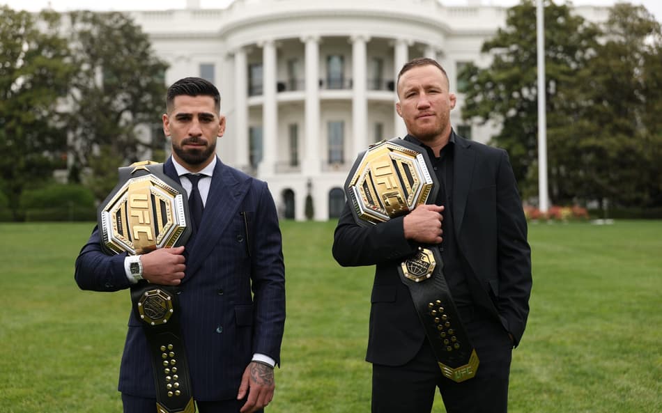 Ilia Topuria e Justin Gaethje em encarada para o UFC Casa Branca (Foto: Reprodução/X/UFC)