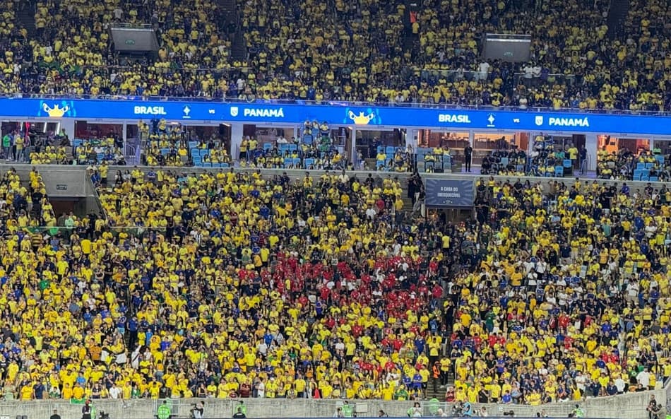 Torcedores do Panamá assistem ao jogo com o Brasil no meio da torcida brasileira