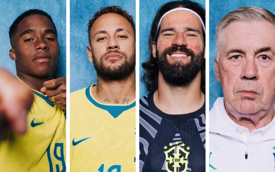 Ancelotti, Neymar, Vini Jr e Endrick no Media Day da Seleção (Foto: Divulgação/X)