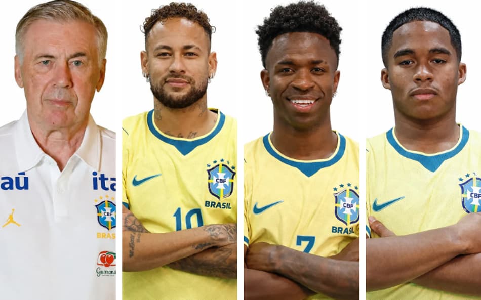 Ancelotti, Neymar, Vini Jr e Endrick no Media Day da Seleção (Foto: Rafael Ribeiro/CBF)