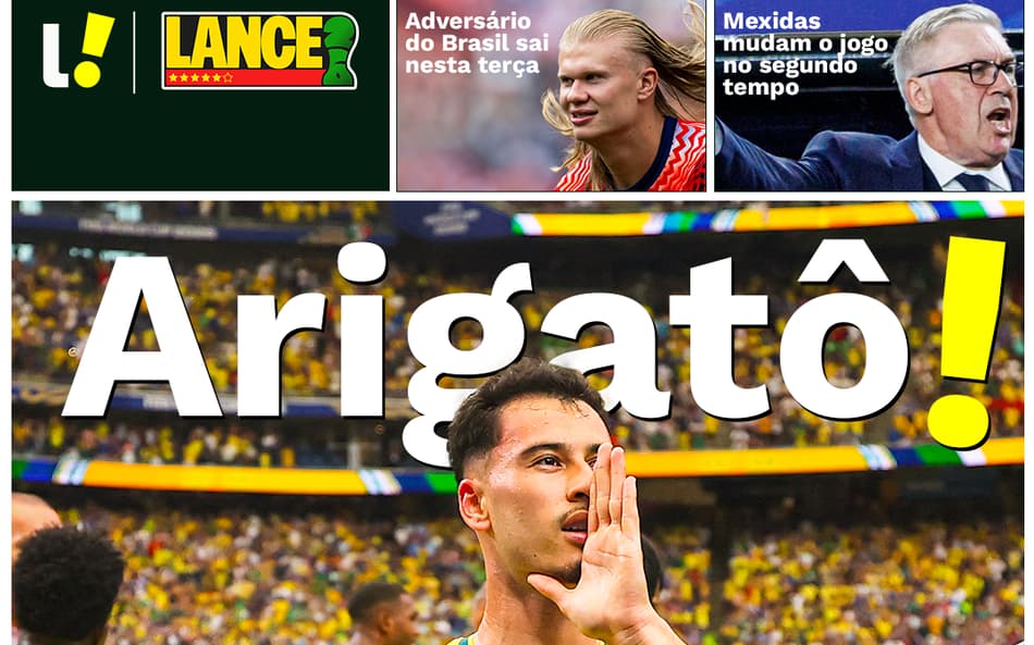 Capa do Lance! com Gabriel Martinelli comemorando o gol que marcou contra o Japão