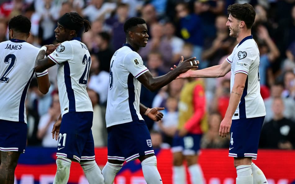 Declan Rice comemora gol da Inglaterra sobre Andorra, pelas Eliminatórias