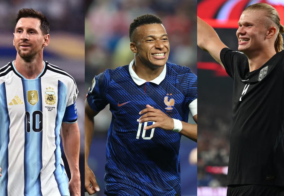 Messi, Mbappé e Haaland comemorando gol