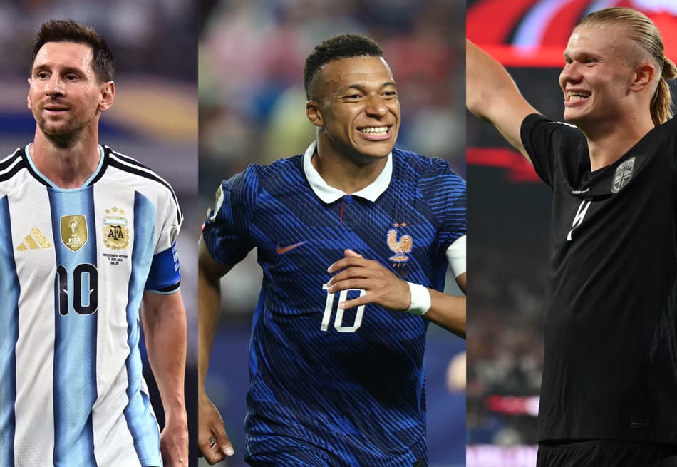 Messi, Mbappé e Haaland comemorando gol