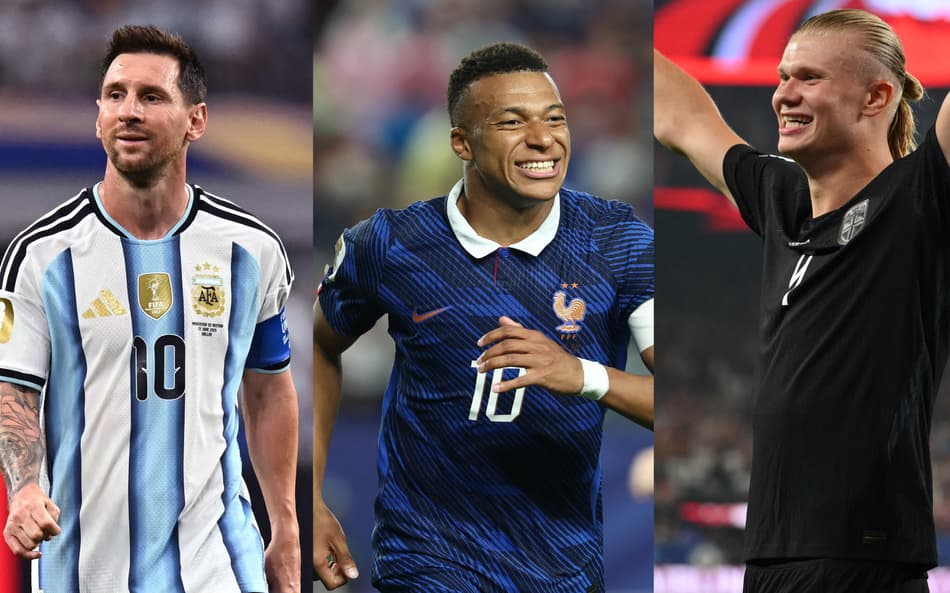 Messi, Mbappé e Haaland comemorando gol