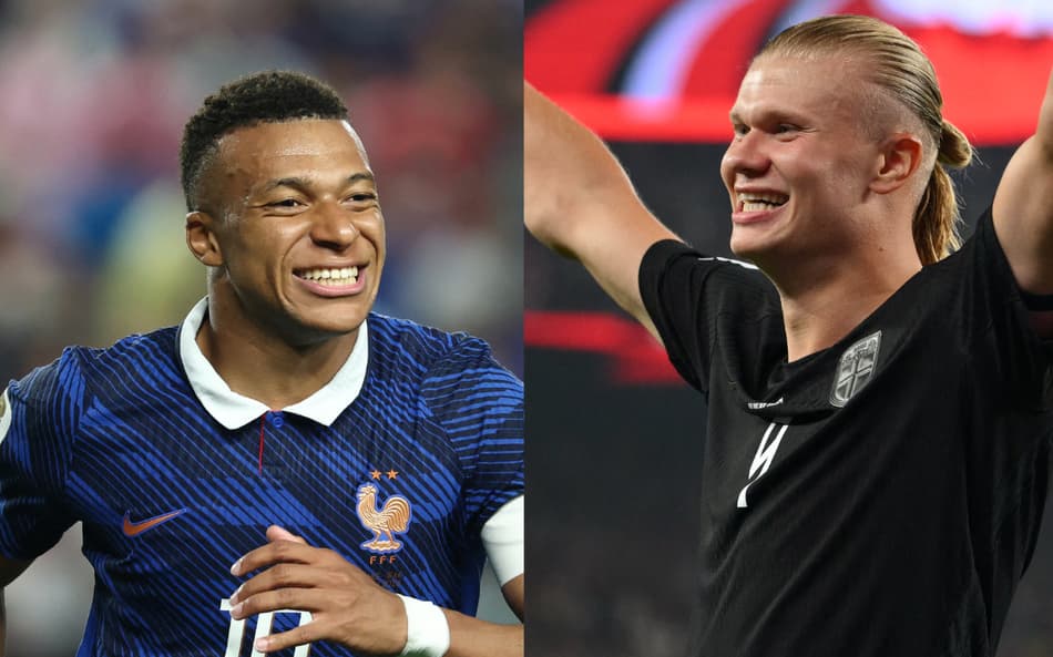 Mbappé e Haaland comemorando gols (Fotos: AFP)