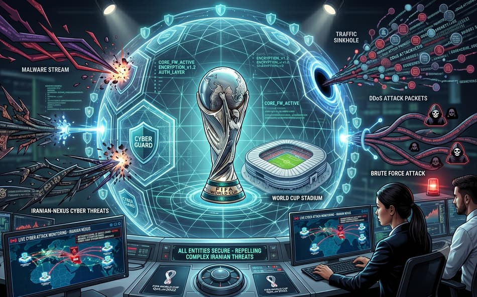 Ilustração feita por IA sobre ameaças cibernéticas à Copa do Mundo (Imagem gerada por IA)