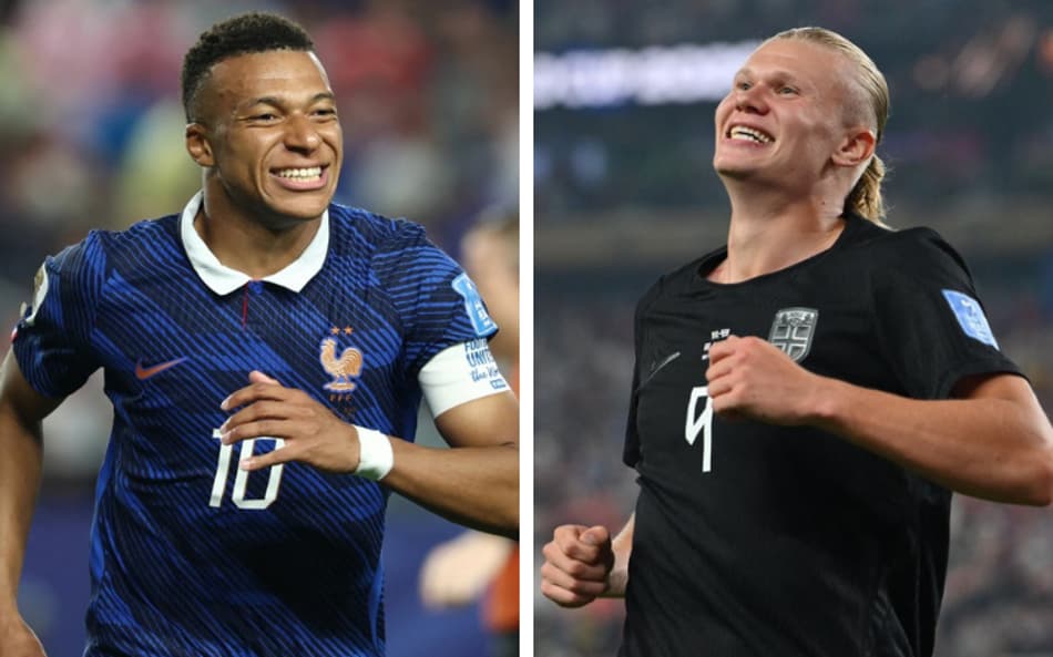 Kylian Mbappé e Erling Haaland sorriem ao comemorar gols por suas respectivas seleções