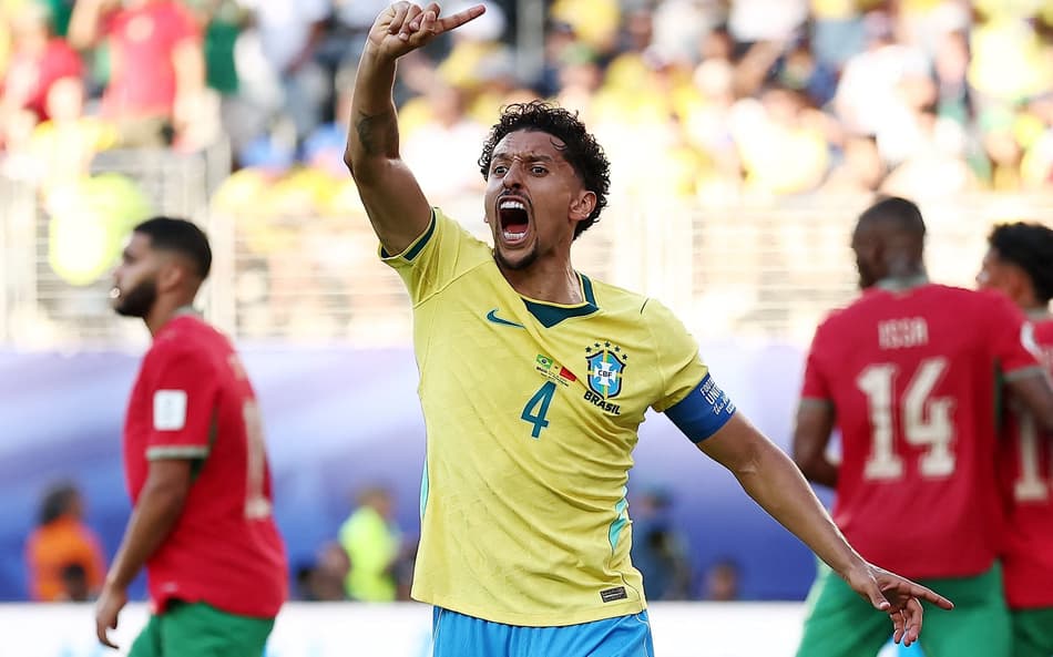 Marquinhos em ação em Brasil x Marrocos na Copa do Mundo 2026