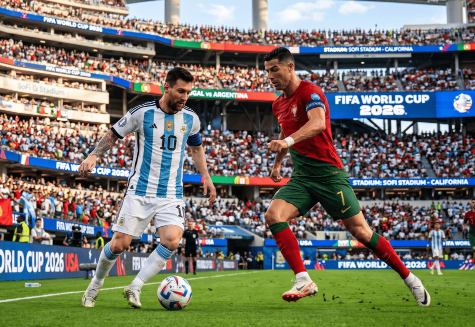 Messi e Cristiano Ronaldo em simulação da Copa do Mundo de 2026 (Foto: Gemini)