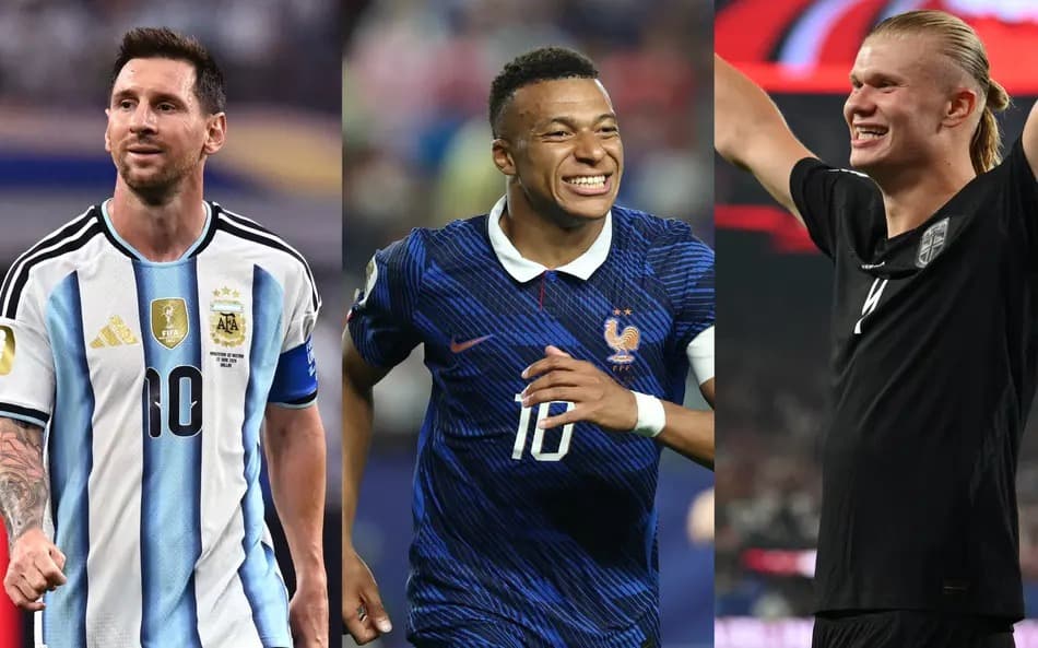 Messi, Mbappé e Haaland comemorando