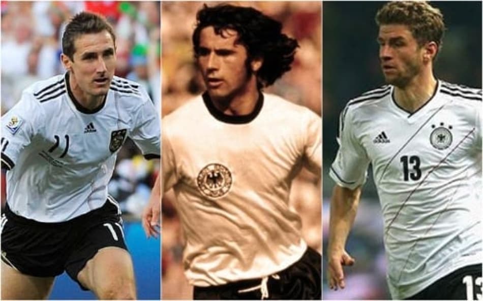 Miroslav Klose, Gerd Muller e Thomas Muller estão na lista de maiores artilheiros da história da Alemanha.