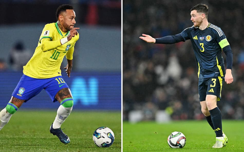 Neymar e Robertson com a camisa do Brasil e Escócia, respectivamente