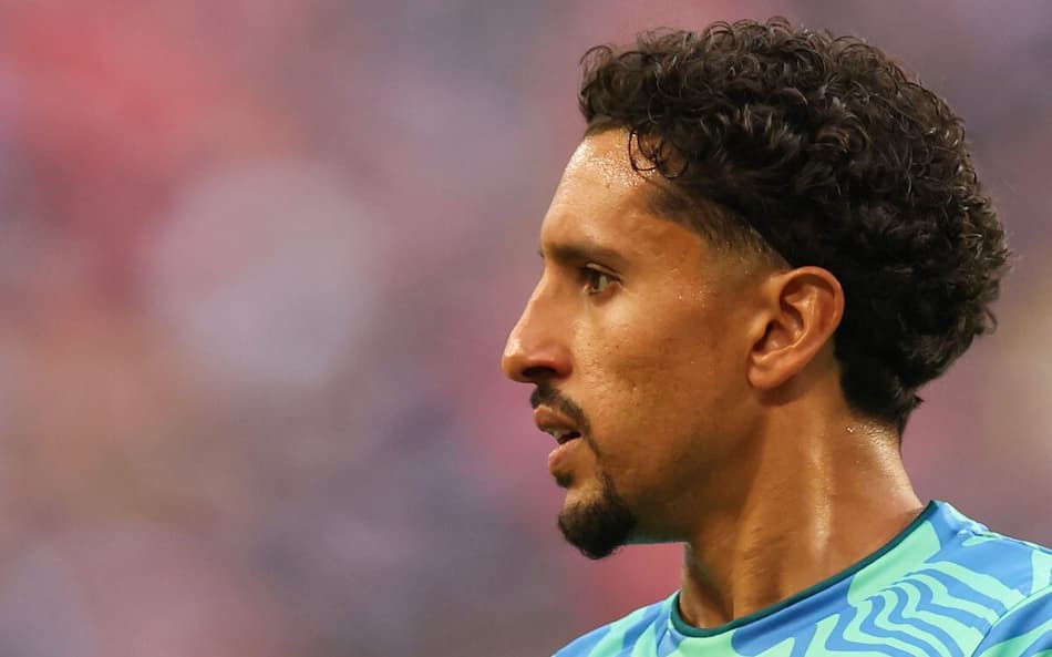 O zagueiro Marquinhos no aquecimento de Brasil x Escócia, pela Copa do Mundo