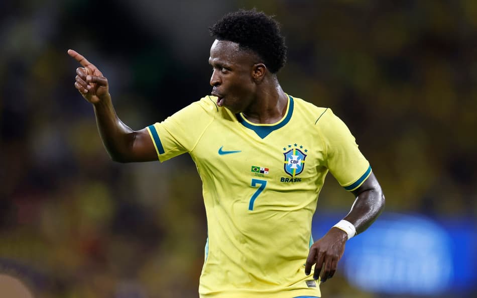 Vini Jr comemora o seu gol pela Seleção Brasileira no amistoso contra o Panamá (Foto: Rafael Ribeiro / CBF)