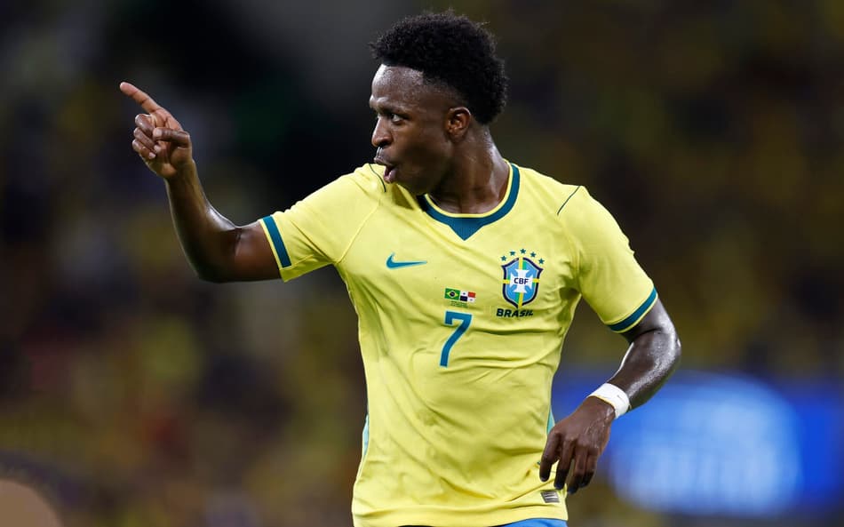 Vini Jr comemora o seu gol pela Seleção Brasileira no amistoso contra o Panamá (Foto: Rafael Ribeiro / CBF)