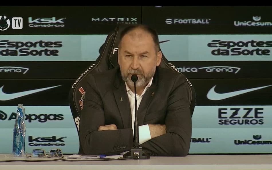 Augusto Melo, presidente do Corinthians, em coletiva (Reprodução: Corinthians TV)