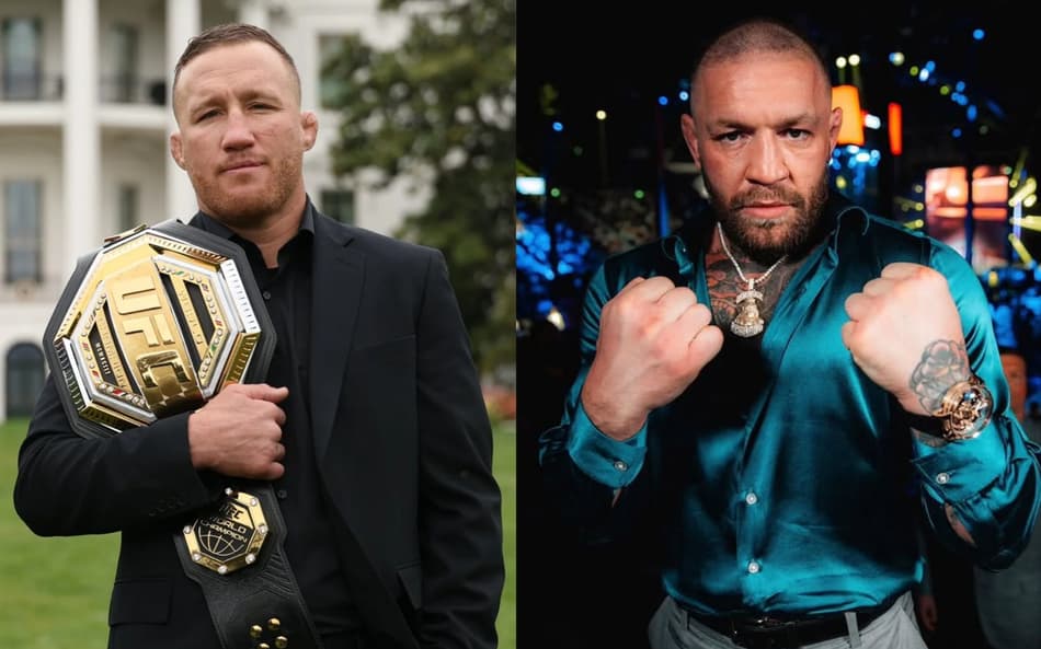 Colagem com duas fotos: à esquerda, Justin Gaethje segura o cinturão de campeão do UFC; à direita, Conor McGregor encara a câmera e mostra os punhos