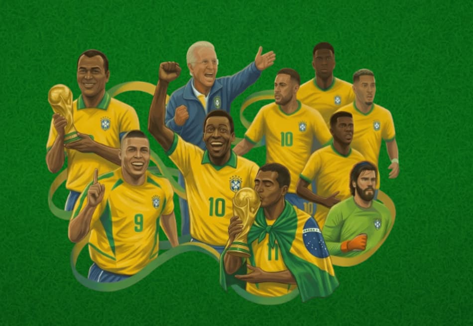 Banner da newsletter Lance! Diário da Copa com fundo verde texturizado. À esquerda, o título "Na Copa, com o Brasil em cada Lance!" seguido das logos do Lance! e Lance! Diário da Copa, e o texto "Todo Lance! na Copa do Mundo direto no seu e-mail: Resultados, análises, histórias, bastidores e os melhores momentos antes de todo mundo." À direita, ilustração com grupo de jogadores e ídolos históricos da Seleção Brasileira vestindo a camisa amarela, celebrando ao redor da Taça do Mundo