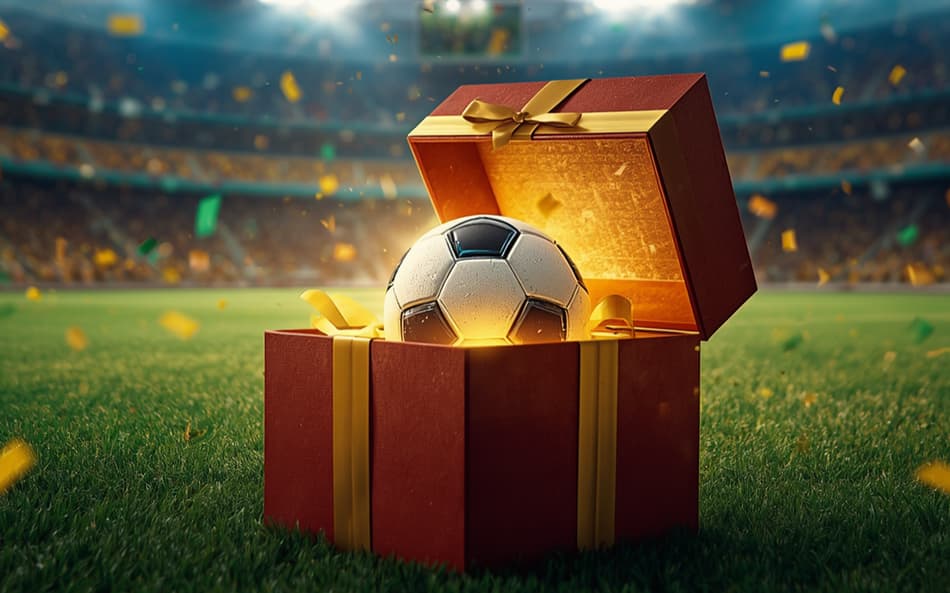 Imagem ilustrativa exibindo uma ambientação em um campo de futebol e uma caixa de presente relevando uma bola, representando as freebets para a Copa do Mundo de 2026.