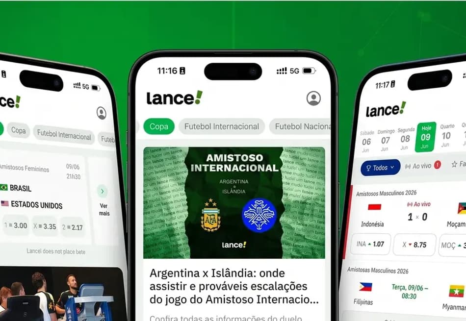 Alt text: Três telas do aplicativo Lance! em smartphones, exibindo a seção de Copa e Futebol Internacional. A tela central mostra a chamada do Amistoso Internacional Argentina x Islândia; a da esquerda exibe odds de Brasil x Estados Unidos; e a da direita mostra a agenda de jogos com partida ao vivo entre Indonésia e Moçambique.