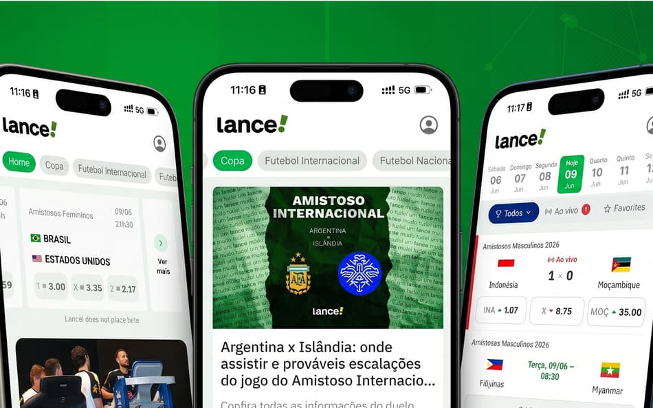 Três telas do aplicativo do Lance! com notícias, jogos e resultados