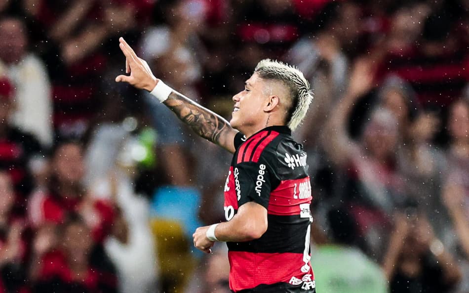 Comemoração de gol de Luiz Araújo em partida do Flamengo