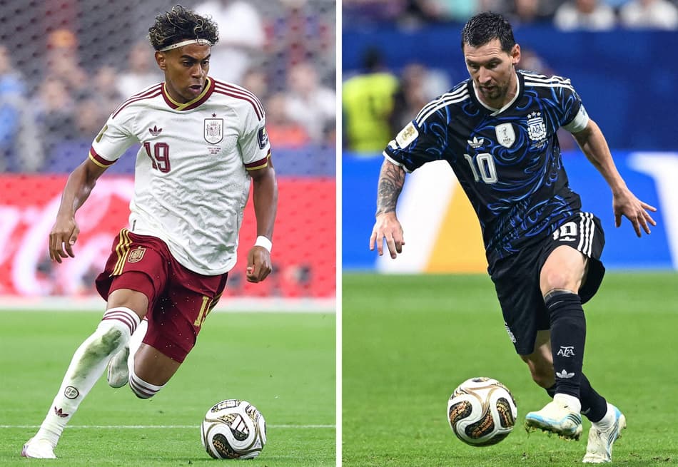 Lionel Messi, atuando pela Argentina (lado direito) e Lamine Yamal, defendendo a Espanha durante a Copa do Mundo (lado esquerdo).