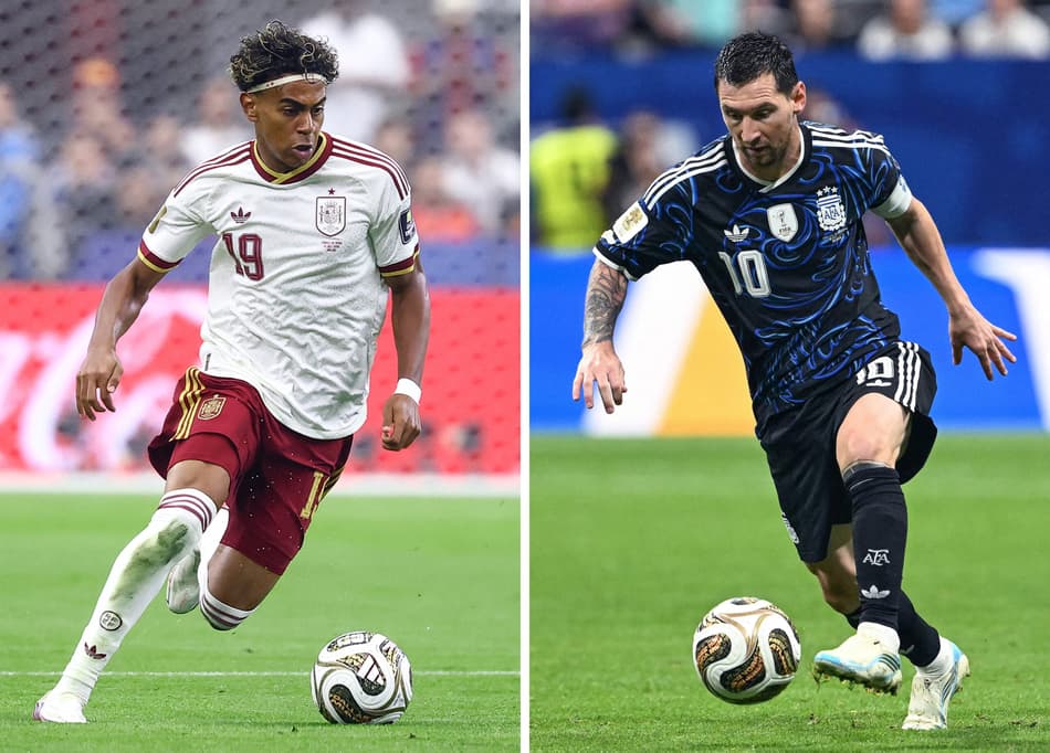 Lionel Messi, atuando pela Argentina (lado direito) e Lamine Yamal, defendendo a Espanha durante a Copa do Mundo (lado esquerdo).