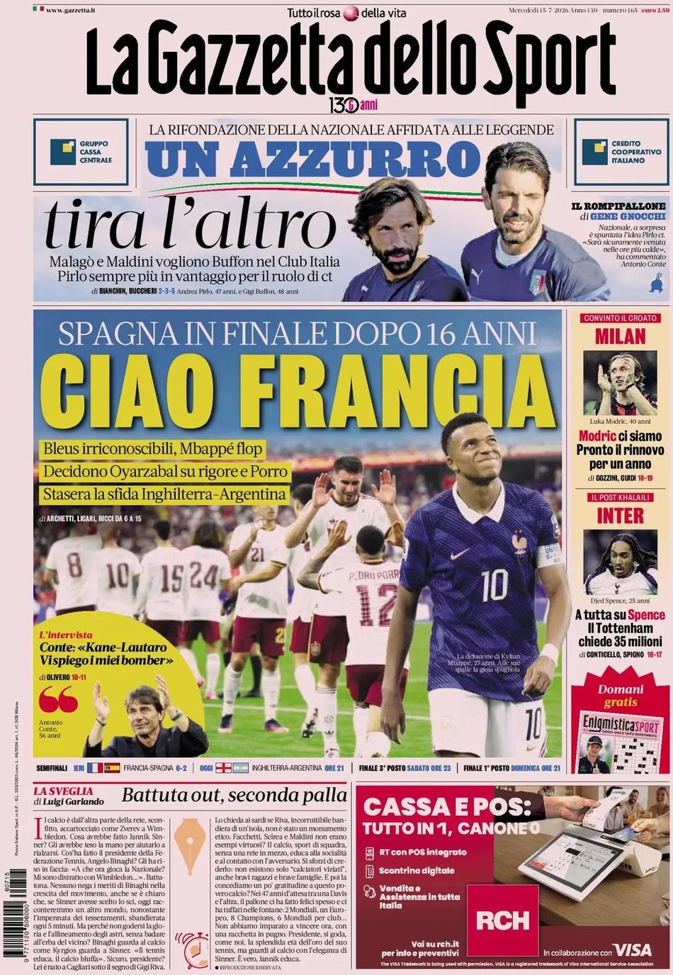 Repercussão do Gazzetta dello Sport sobre a vitória da Espanha sobre a França