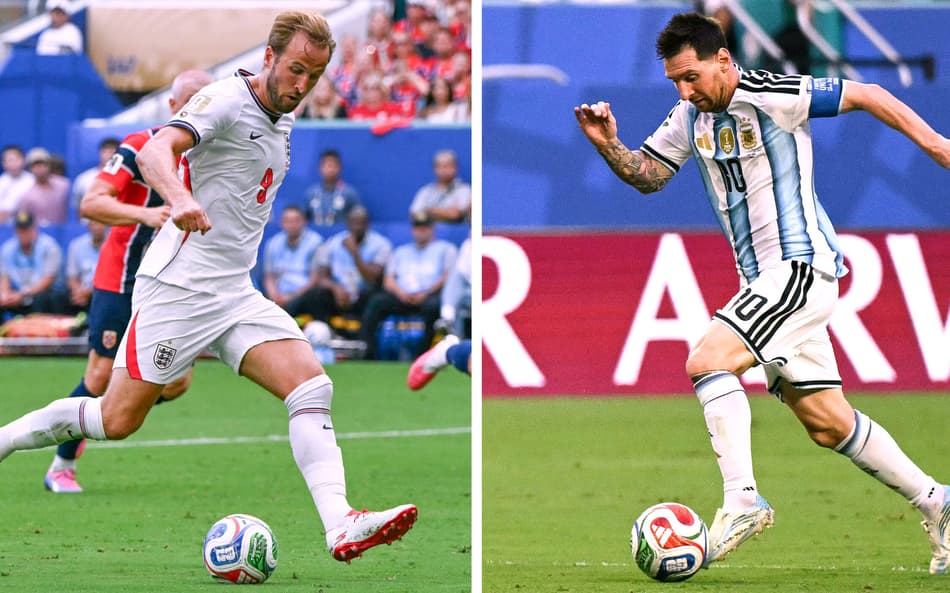 Harry Kane em ação pela Inglaterra e Lionel Messi em ação pela Argentina