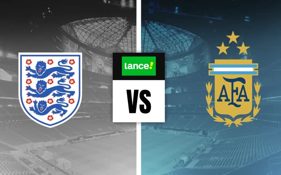 Escudos de Inglaterra x Argentina e o logotipo do Lance ao centro para Palpites da Copa do Mundo