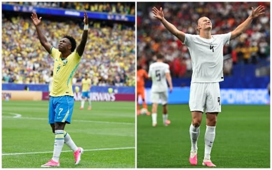 Vinicius Jr. atuando com a camisa da Seleção Brasileira (lado esquerdo) e Haaland vestindo a camisa da Noruega (lado direito).