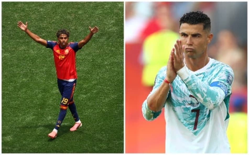Lamine Yamal, da Espanha (lado esquerdo), e Cristiano Ronaldo, de Portugal (lado direito).