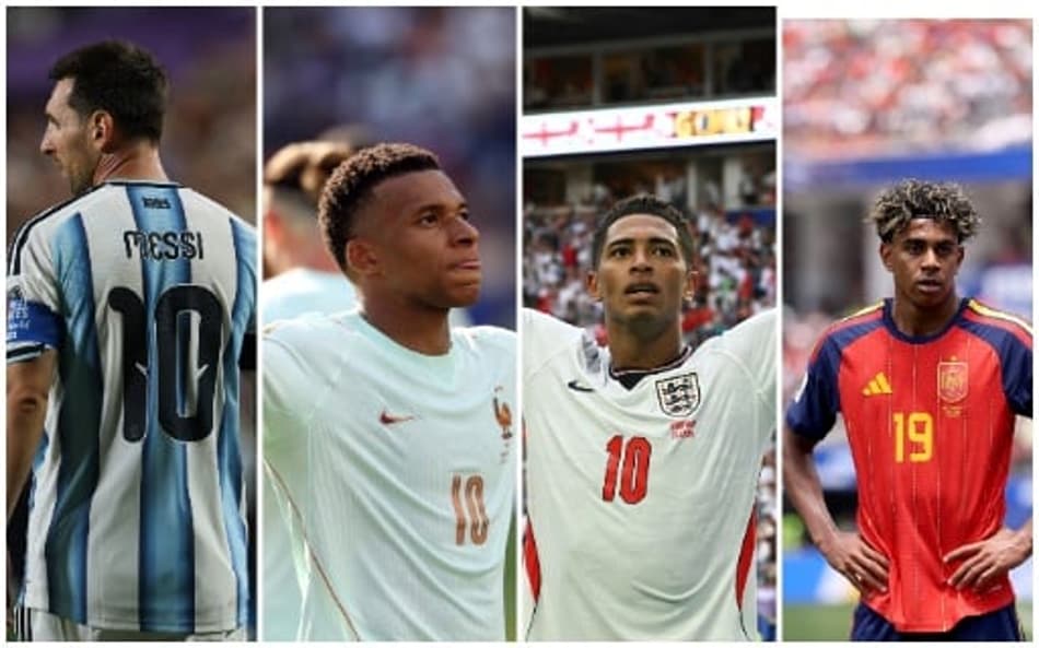 Messi, pela Argentina; Mbappé, atuando pela França; Bellingham, pela Inglaterra; Yamal, atuando pela Espanha.