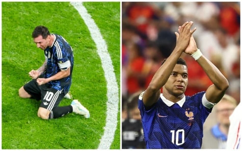 Lionel Messi (lado esquerdo) e Mbappé (lado direito) durante a Copa do Mundo.