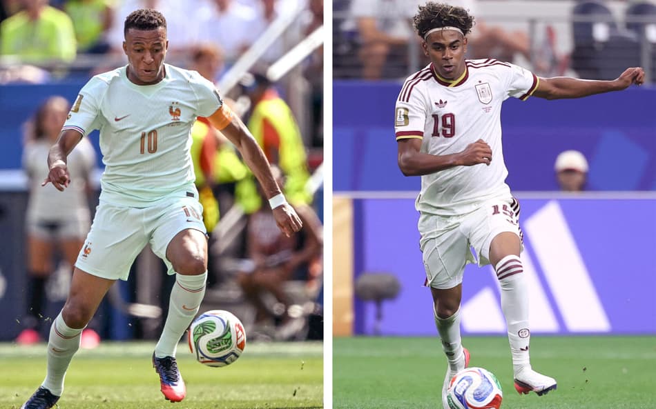 Esta combinação de fotos criadas em 12 de julho de 2026 mostra o forward #10 da França, Kylian Mbappé, em Foxborough em 9 de julho de 2026 (Esquera); e o ala espanhol #19 Lamine Yamal em Arlington em 6 de julho de 2026. França e Espanha se enfrentarão em uma semifinal da Copa do Mundo de 2026 no Dallas Stadium, em Arlington, no dia 14 de julho de 2026.