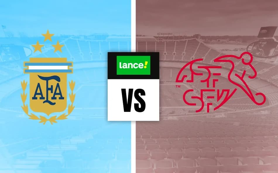 Escudos de Argentina x Suíça e o logotipo do Lance ao centro para Palpites da Copa do Mundo